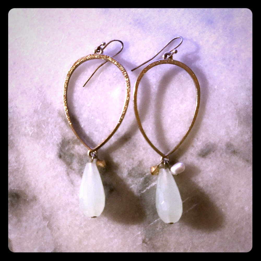 Anthro Gold Hoop Teal Gem Earrings